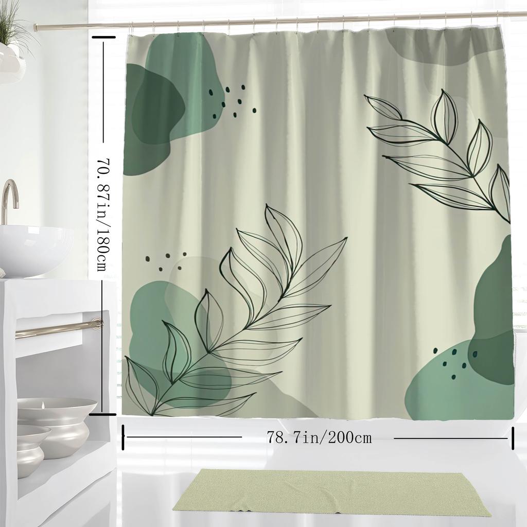 1Pc Modern Green Leaf Pattern Digital Print Shower Curtain, Waterproof Bathroom Decor, Home Spa Decoration With Hooks