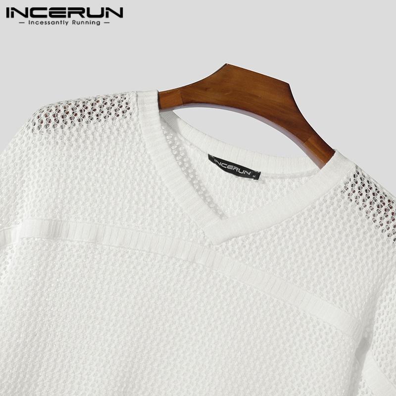 INCERUN Oversized Men Summer O-neck Half Sleeve Hollow See Through T-Shirts