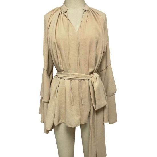 Summer Ruffle Long Sleeve Dress for Women Casual V Neck A-line Swing Mini Dress with Belt Irregular Vacation Dress
