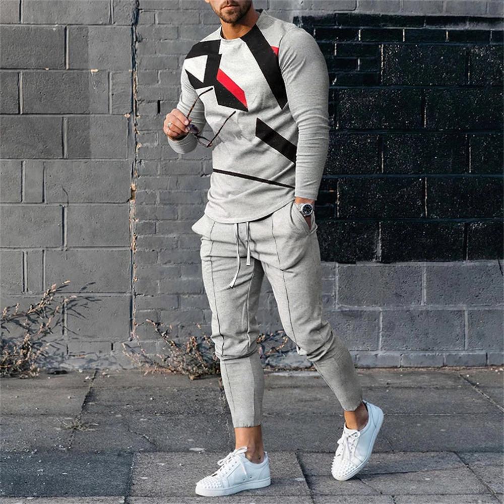 Jogging Sweatshirt Set Men's Color Contrast Stitching 3D Printing Fashion Casual Spring Autumn Sailor Collar Sweatshirt And Pant