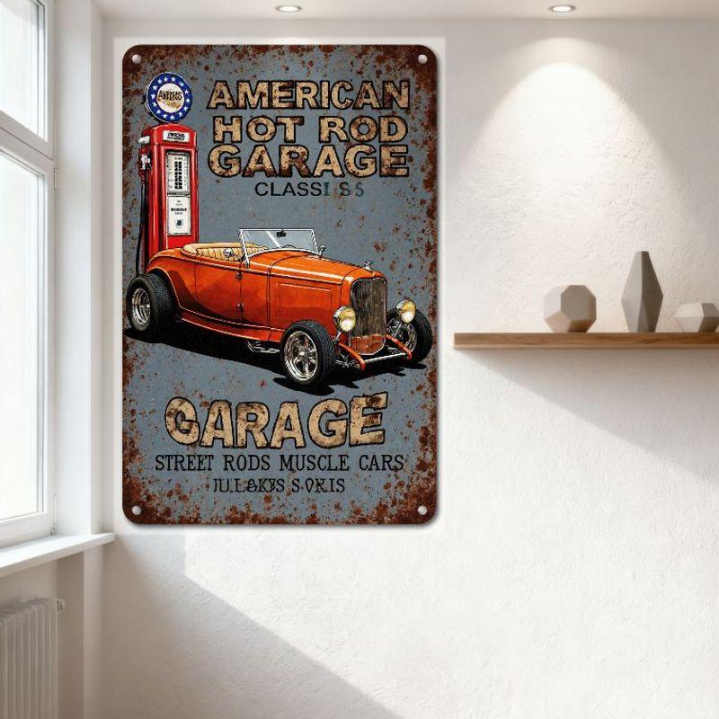 Vintage American Hot Rod Garage Metal Sign, Weathered Distressed Blue-Gray Background, Classic Hot Rod Illustration, Wall Decor