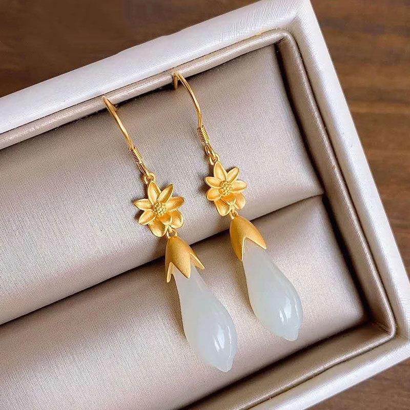 Designer original nou jad Hetian natural plantă magnolie cercei rafinati stil chinezesc bijuterii elegante pentru doamne