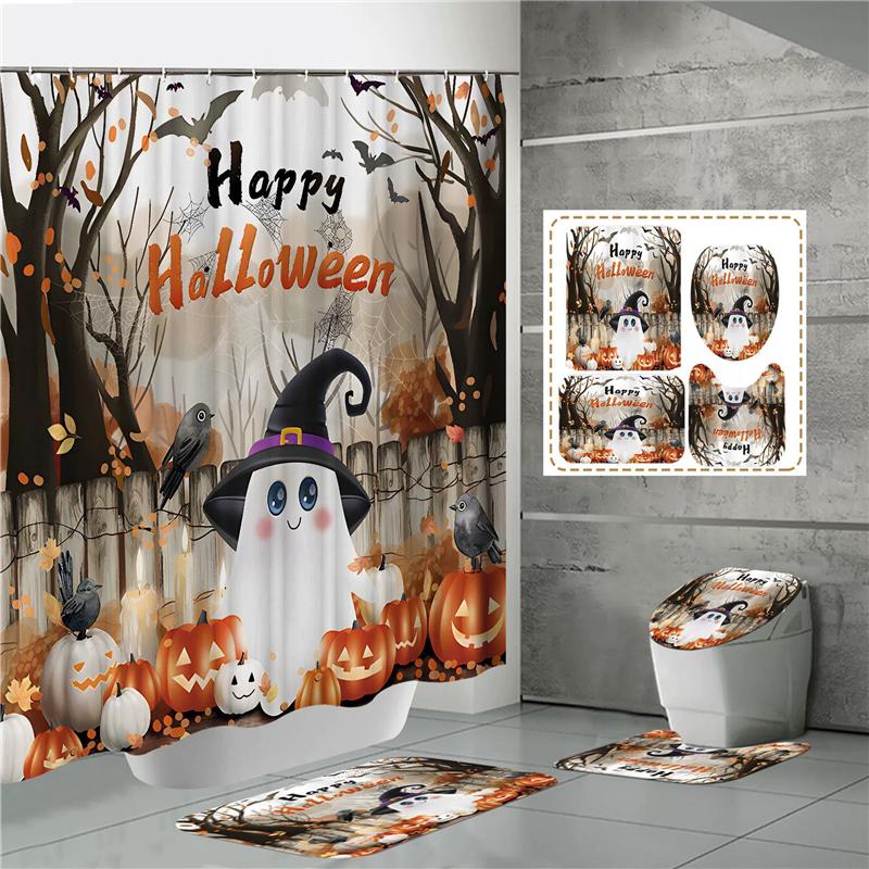 HOT Halloween Ghost Pumpkin Skull Shower Curtain Set with Non-Slip Rugs Toilet Lid Cover and Bath Mat Washable Trick or Treat