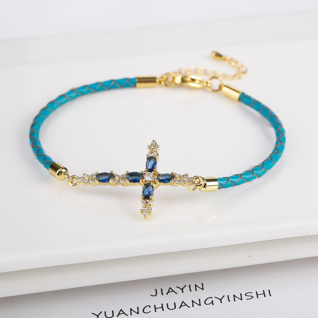 6 Color Classic Religious Crystal Zircon Cross Leather Braided Adjustable Bracelet Charms for Men Women Jewelry Gift Daily Wear