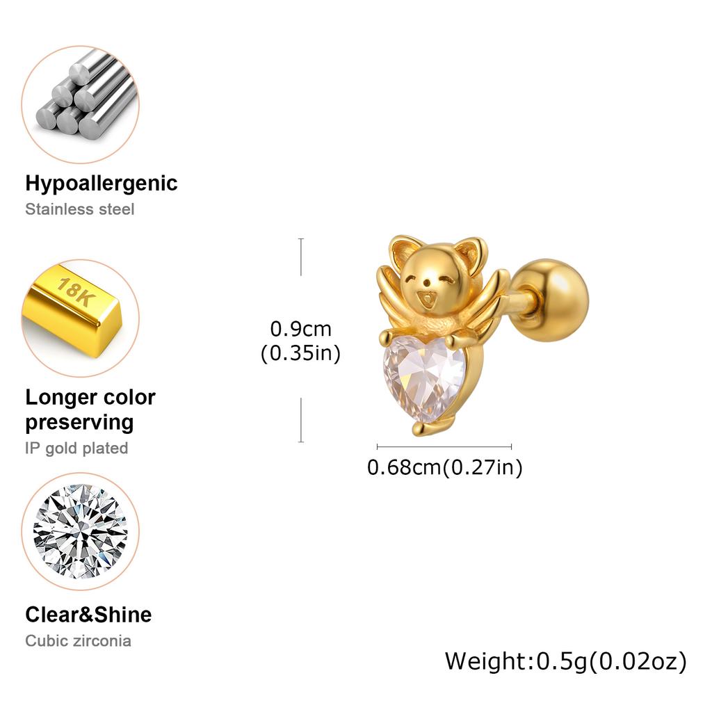 Unique Heart Shaped Zircon Stud Earrings,Women's Electroplated Angel Bear Earrings,Stainless Steel Ear Bone Nails Jewelry Gift