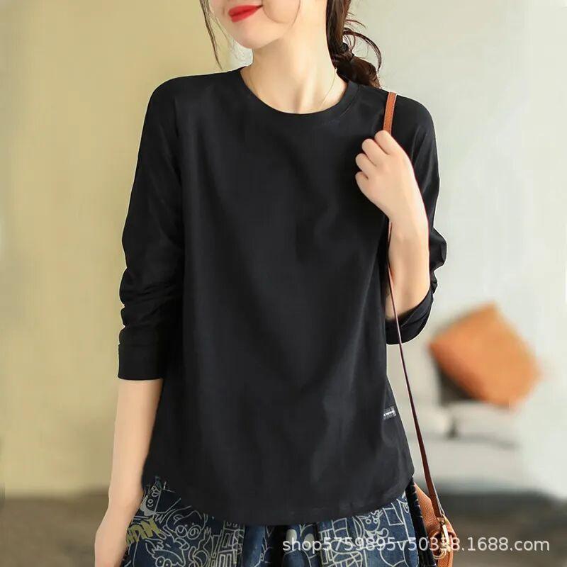 Solid Color Early Autumn Base Shirt for Women 2026 New Round Neck Versatile Long Sleeved T-shirt for Women's Top