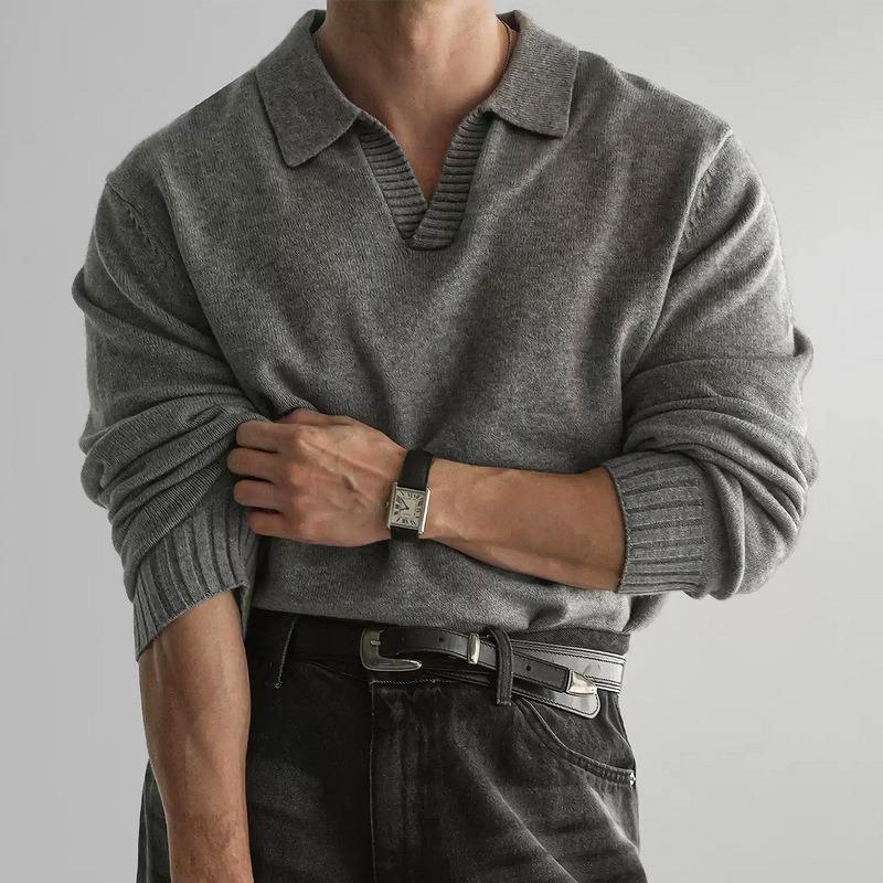 Men V Neck Knitted Polo Sweater Light Luxury Business Casual Outerwear