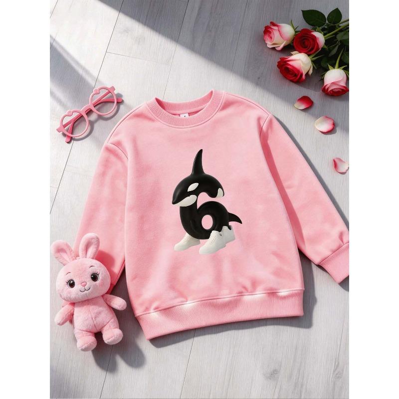 Girl's Round Neck Sweatshirt with Printed Number 67 Design, Featuring a Stylized Orca Pattern On the Chest