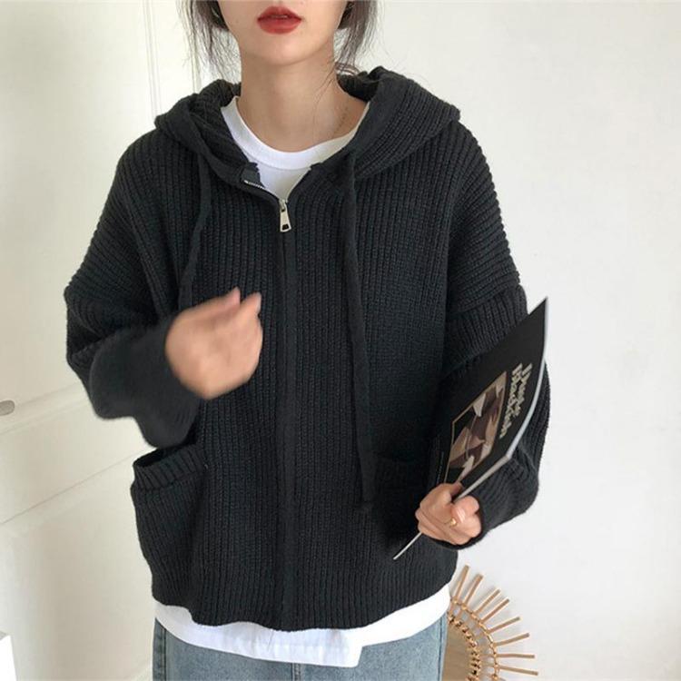 Loose Knitted Hooded Sweater Cardigan Coat Solid Color Womens Top