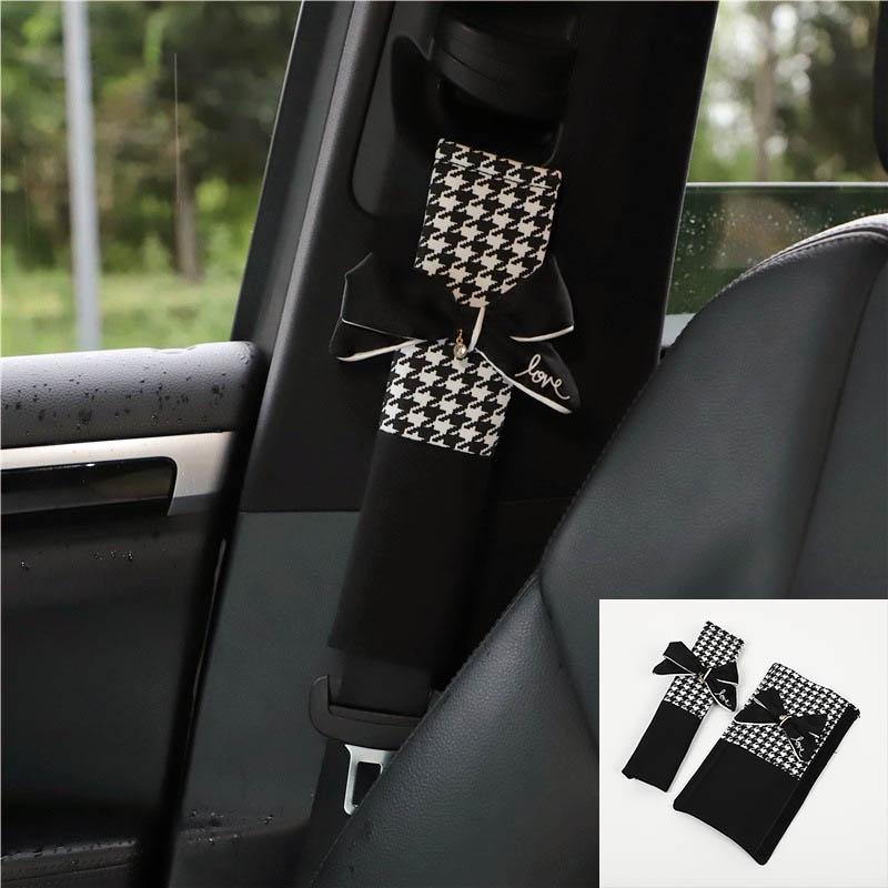 Cute And Practical Car Seat Belt Shoulder Cover With Plaid Bow Tie Design Car Accessories