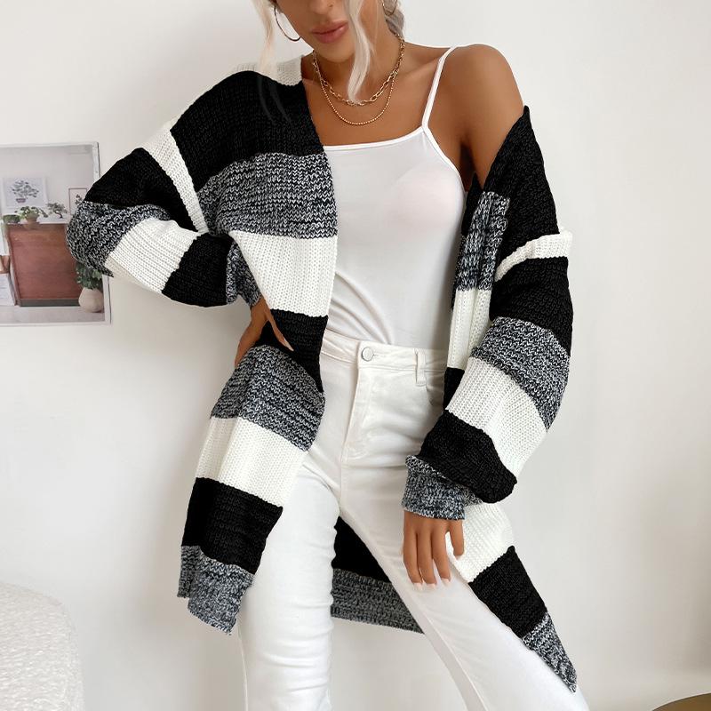 Casual Trend Versatile Autumn and Winter Women's Long Section Without Buttons Colorblocking Sweater Coat