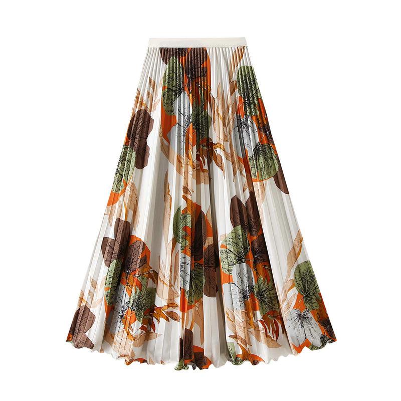 2026 Retro Floral Women's Pleated Long Skirt - Spring/Summer Flowing Hem Dress (D9908)