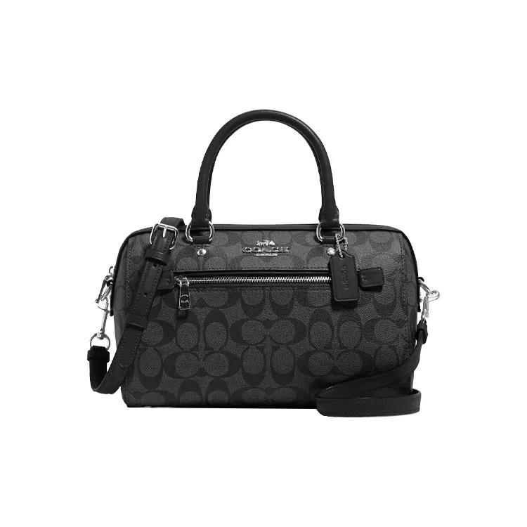 COACH Rowan Canvas Leather Boston Bag , Pillow Bag , Shoulder Bag , Crossbody Bag , Handbag Medium Women's Black Gray (Unisex) Handbags