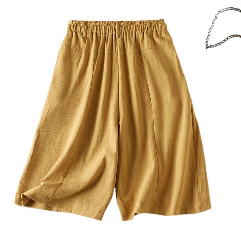 Real shot summer new cotton and linen high waist casual and thin solid color wide leg five-point medium pants women