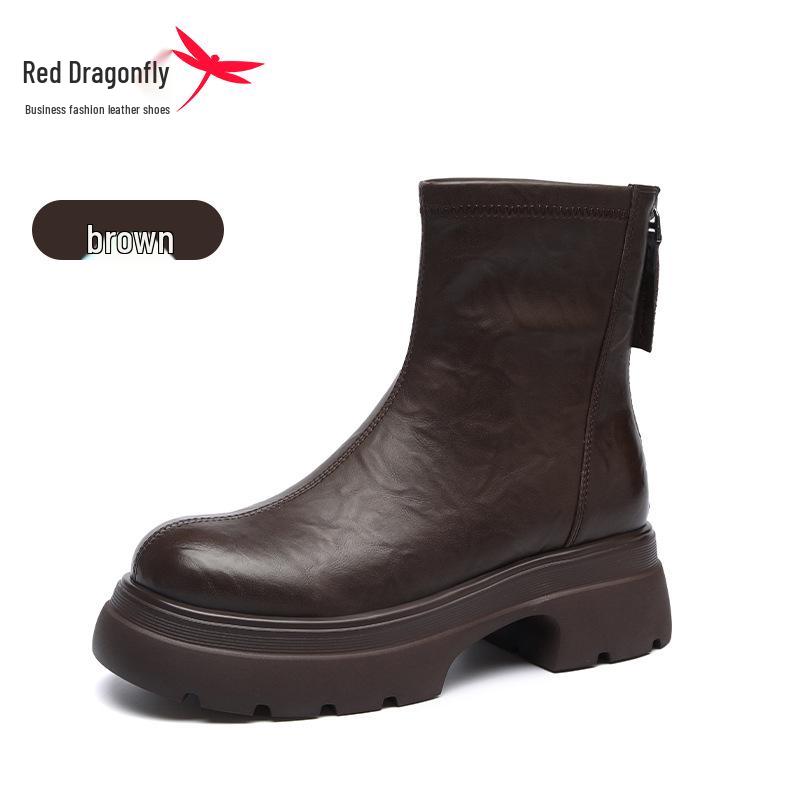 Red Dragonfly Women s Mid-Calf Chunky Heel Boots - 2024 Thick Sole, Height Boosting, Slimming, for Early Autumn & Winter 36 коричневый