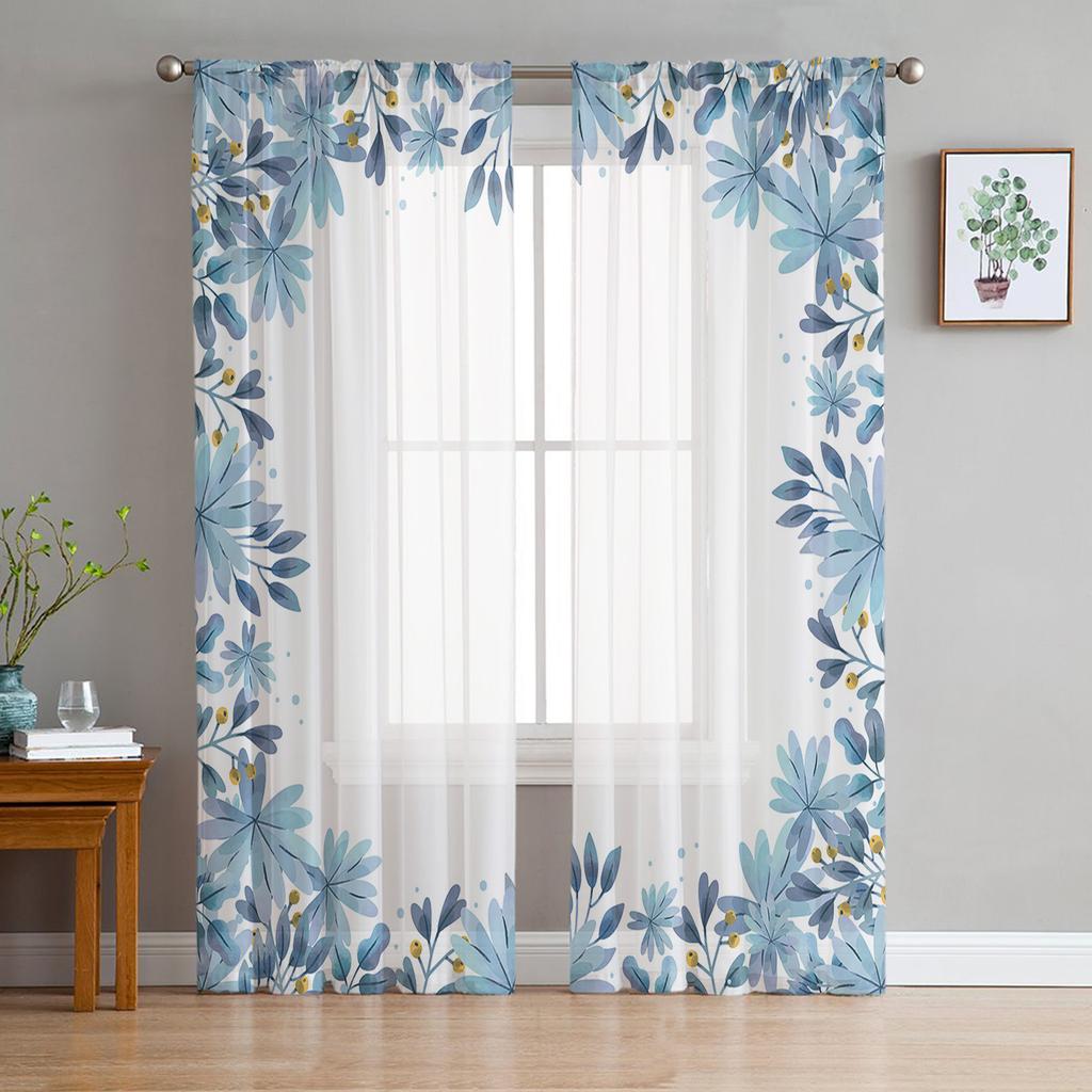 Blue Watercolor Flower Sheer Window Curtains For Living Room Kitchen Children Bedroom Voile Hanging Curtain