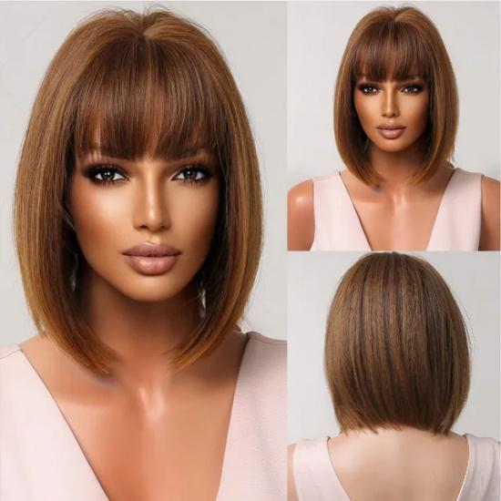 Short Orange Straight Bob Hair Synthetic Wigs with Bangs Orange Colorful Cosplay Party Wig for Women Heat Resistant Fiber Daily