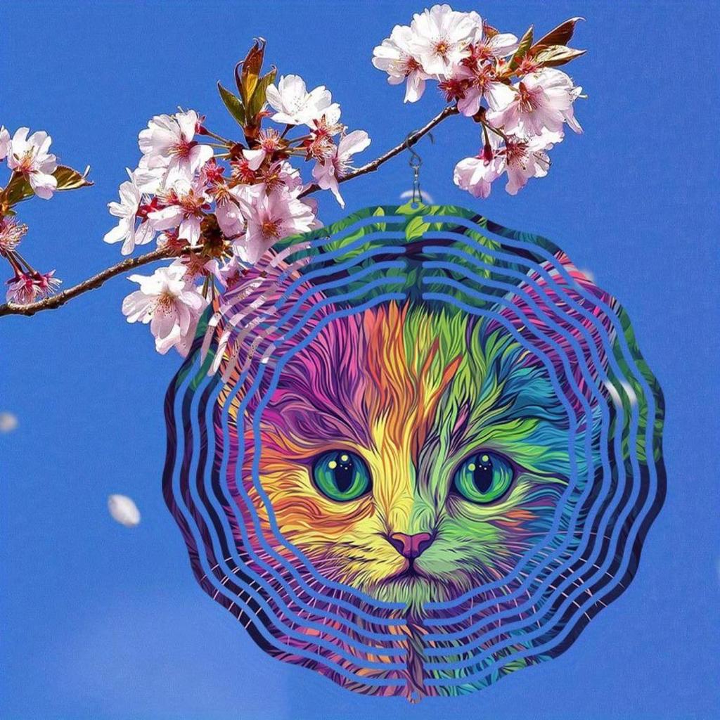 Charming Colorful Kitten Wind Spinner Wind Chime 3D Metal Garden Patio Decoration Outdoor Hanging Ornament for Thanksgiving Christmas Holiday