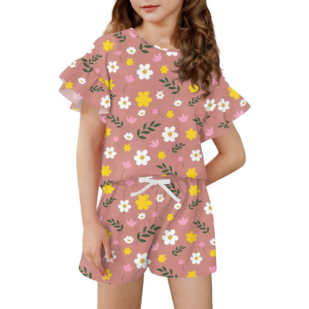Girls' Summer Outfit Ruffle Sleeve Top And Shorts Clothing Set Lightweight Casual Two Piece