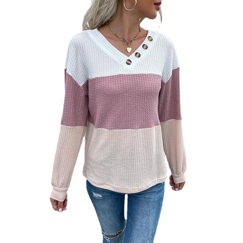 Góry Koszulki Odzież Modny i Codzienny Temperament Wiosna i Jesień Damski Dół Z Długim Rękawem Sweter Pulower Colorblocking Dekolt V Dzianinowy Sweter