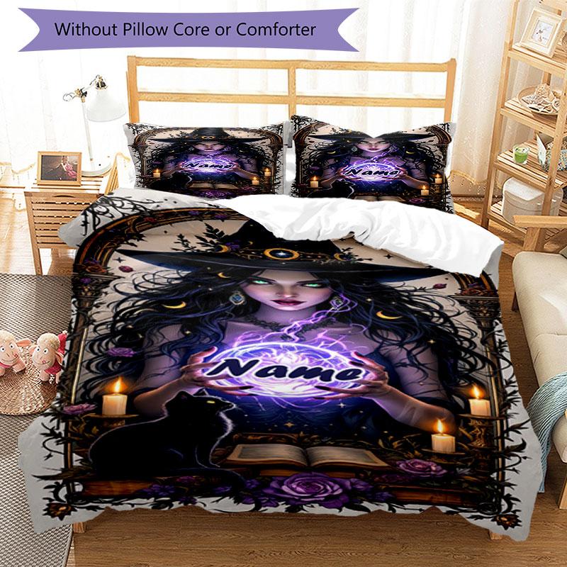 3pcs Custom Name Witchcraft Magic Bedding Set Printed Bedding Set Duvet Cover Closure Includes 1 Duvet Cover & 2 Pillowcases Bedroom Decor