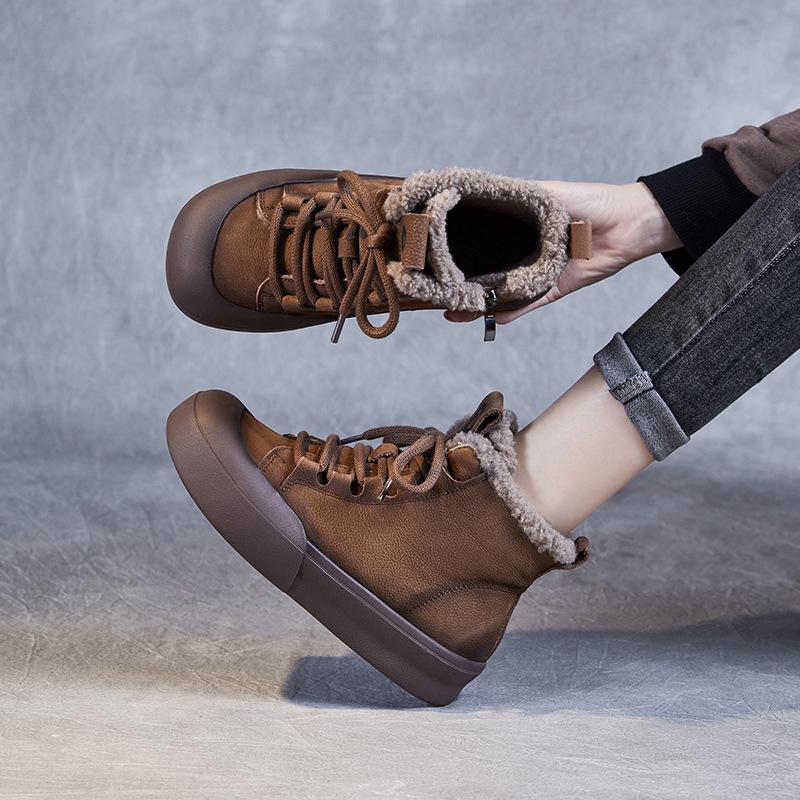 Fashion GKTINOO 2024 Winter Warm Fur Shoes Women Genuine Cow Leather Snow Boots Chunky Platform Flat Heel Casual Ankle Boots Retro Style