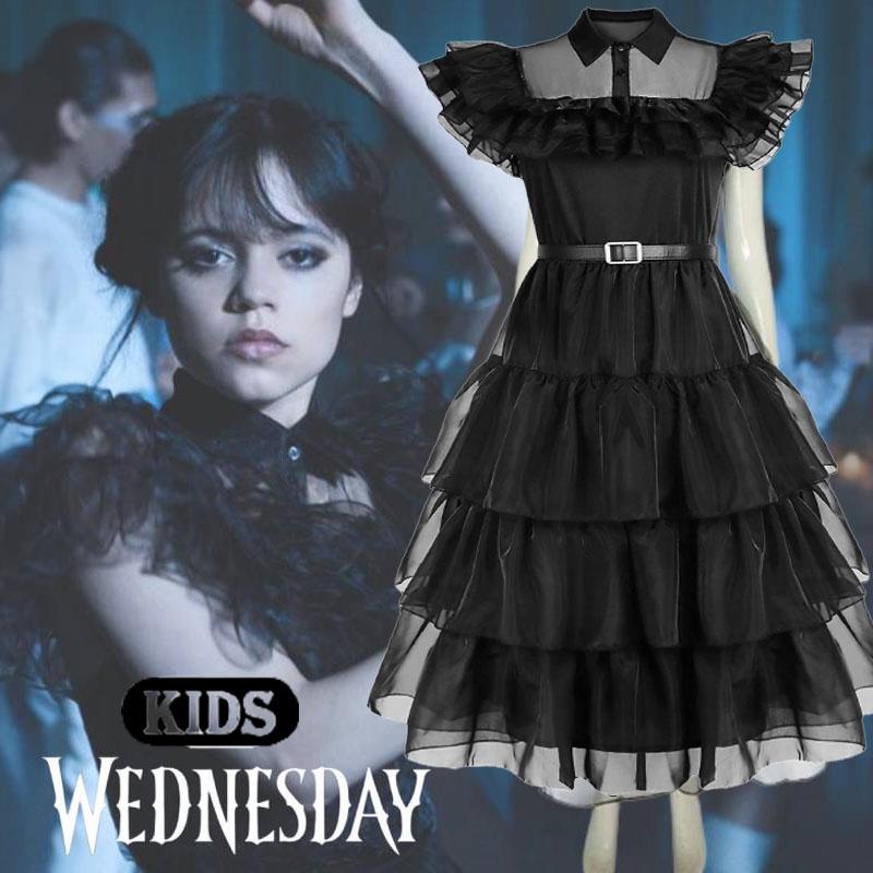Wednesday Addams Kids Dress Cosplay Costume Party A-shaped Tiered Skirt