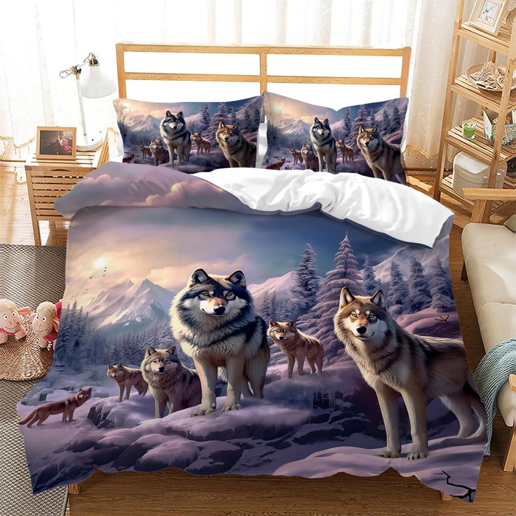 Weißer Wolf Digitaldruck Bettbezug-Set Lieferung 3D Bettwäsche Bettdeckebezug Kissenbezug Dreiteiliges Set