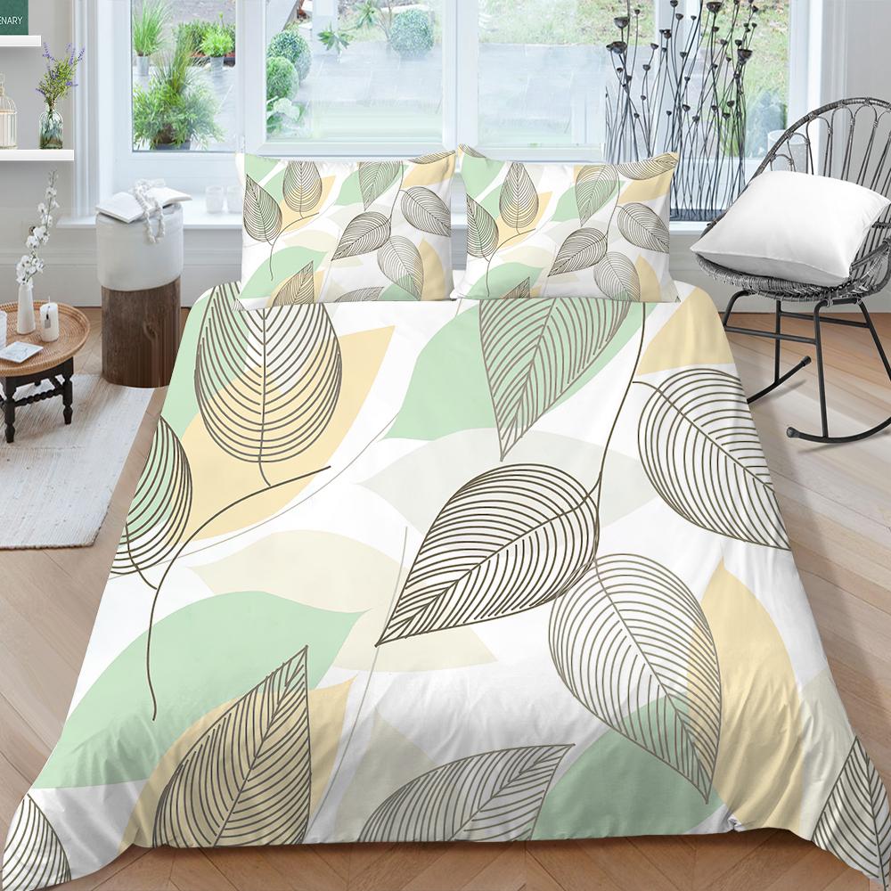 Familiesengetøy Enkelt Dobbeltseng Full Størrelse Plantetrykkserie Sengetøy Bladmønster Putetrekk og Dynetrekk Vaskbart Hjemmedekorasjon