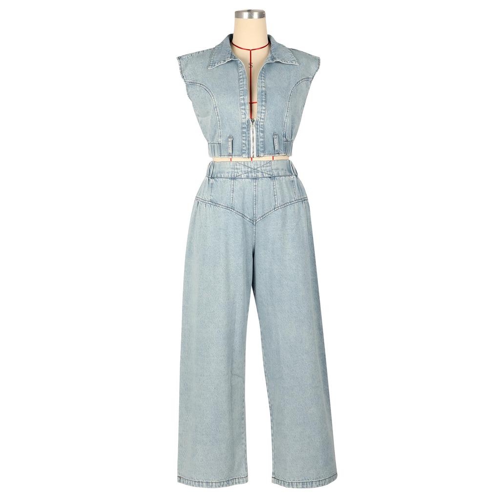 European and American Women's Sleeveless Denim Jeans Two-Piece Suit - Sexy, Loose, Straight Leg Summer Outfit