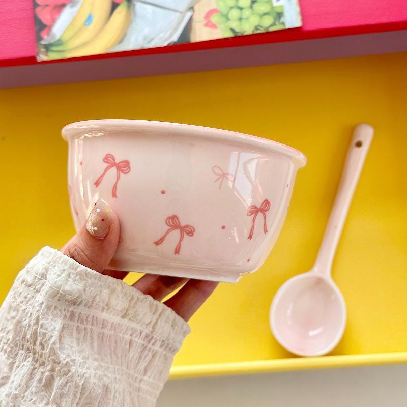 Set de 2 boluri ceramice cu 2 linguri Bol Drăguț Cadou Boluri ceramice Cadouri de ziua de naștere Desert Utilizare zilnică
