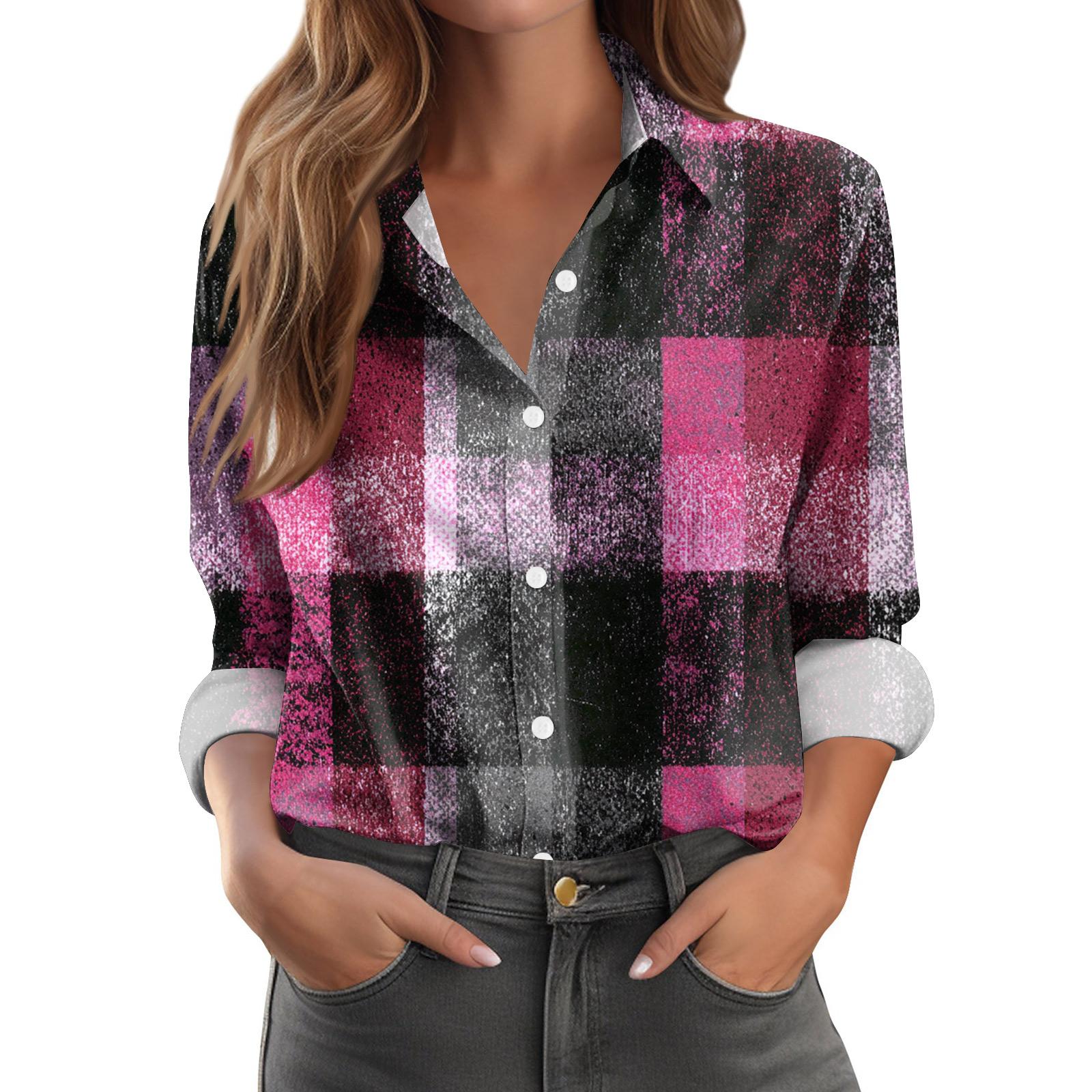 

Women s Casual Fashion Plaid Print Half-Open Collar Long Sleeve Shirt S