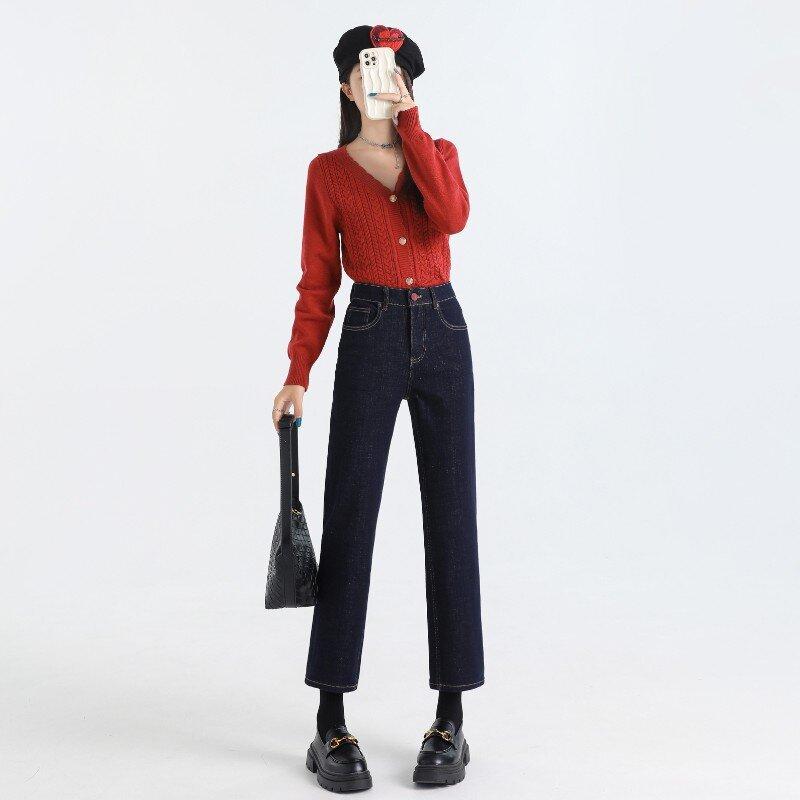 

Бархатные джинсы для женщин Зимние прямые джинсы для женщин Осенние брюки-сигареты с высокой талией для женщин Осенний стиль Узкие и маленькие XXL