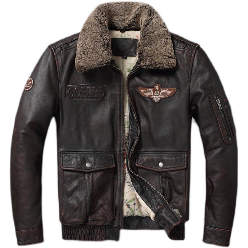 Genuine Leather Jacket Men Brown Vintage Distressed Thickened Warm Large Size Detachable Fur Collar