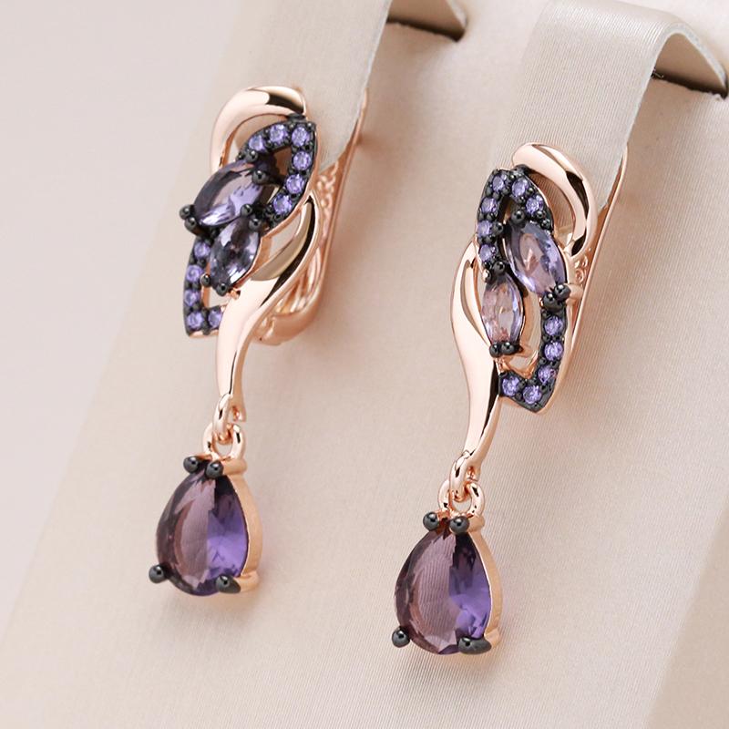 Purple Natural Zircon Long Drop Earrings For Women Unique  Rose Gold And Black Plating Vintage Wedding Jewelry