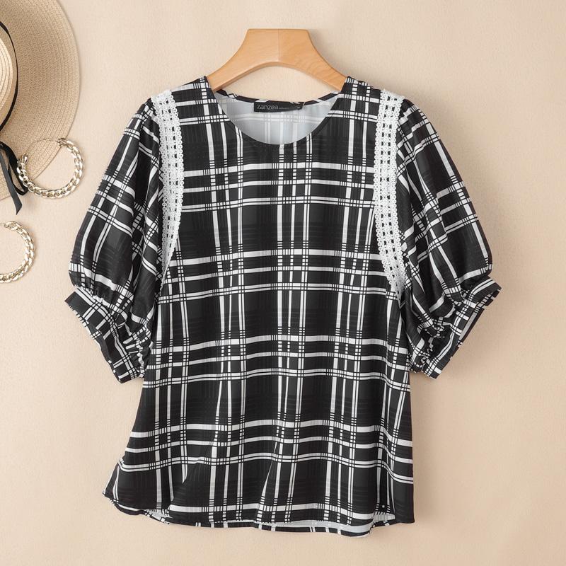 ZANZEA Women Casual Round Neck Half Sleeve Loose Grid Print Blouse S