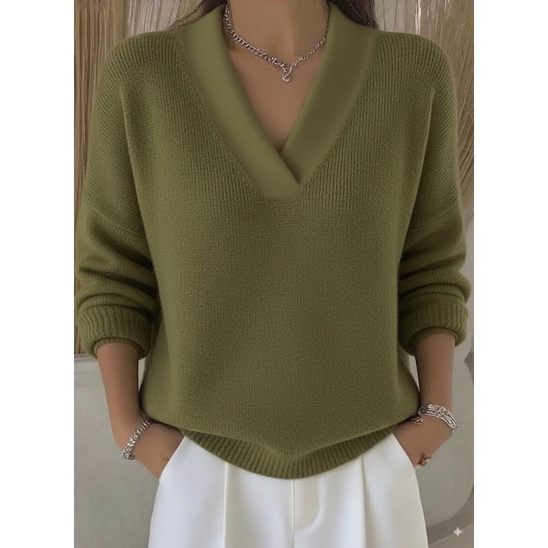 2026 Womens V-Neck Loose Knit Sweater Winter Solid Color Casual Pullover Cotton Acrylic Blend