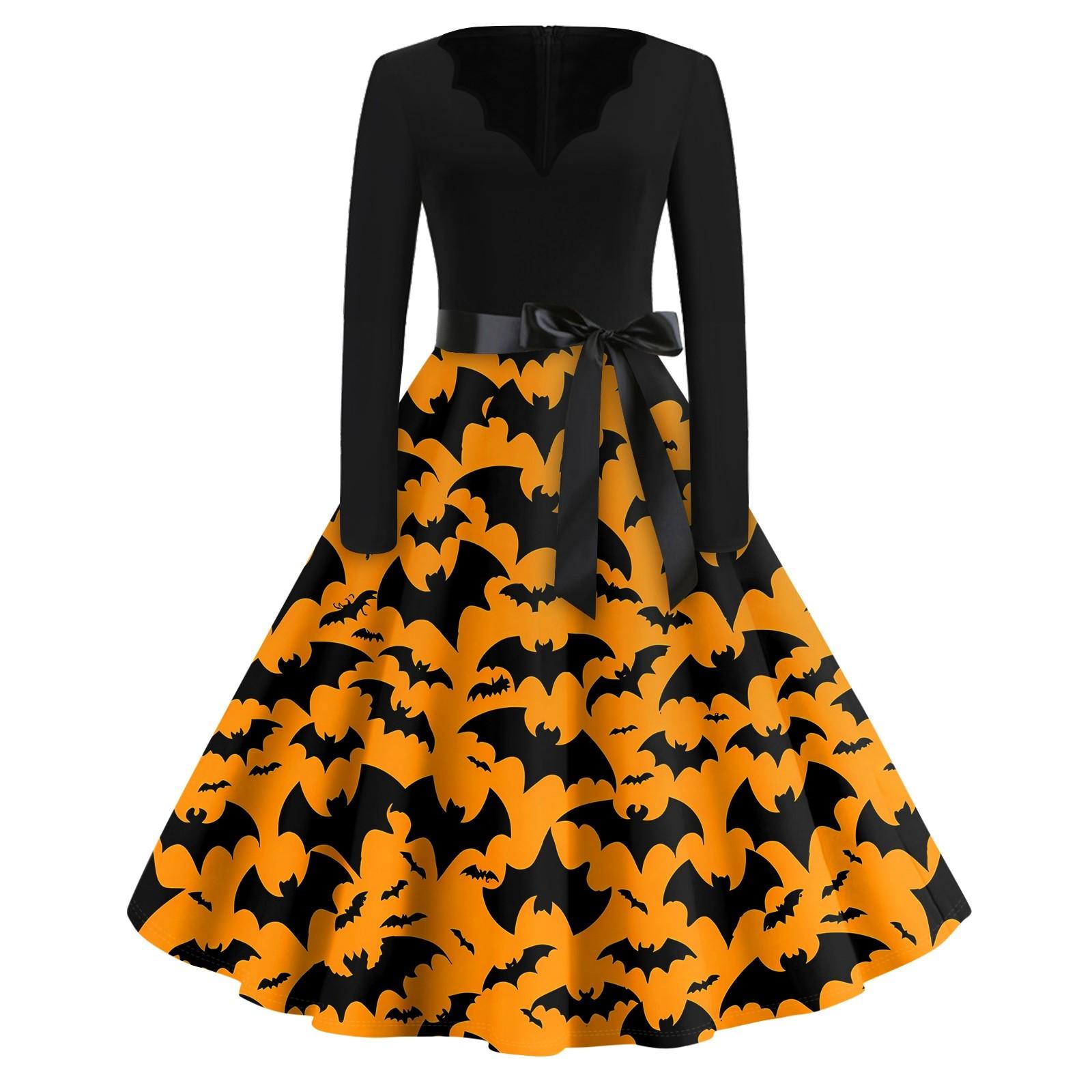 

Платье с расклешенным принтом на Хэллоуин для женщин, платье с длинным рукавом, полые вечерние повседневные платья M
