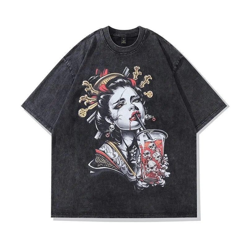 

Japanese Streetwear T shirt Men Women 100% Cotton Oversized Manga Funny Skull Printed Hip Hop Vintage Punk Washed T shirt Tops