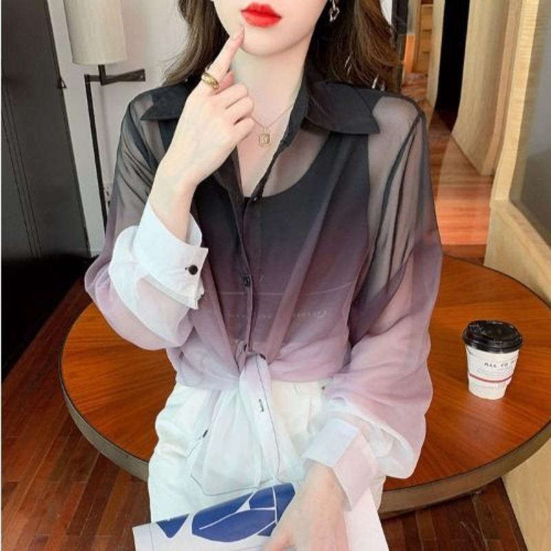 Fashion Gradient Color Chiffon Shirt Women Summer Tie Dye Contrast Color Sun Protection Shirts Woman Korean Streetwear Blouse
