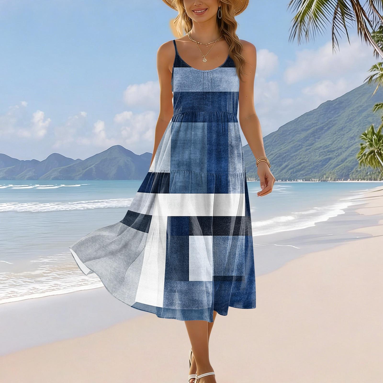 

Sleeveless Spaghetti Strap Abstract Print Midi Dress Lightweight Flowing Summer Casual Sundress for Women M синий