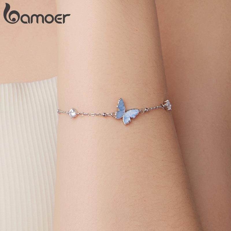 Bamoer 925 Silver Butterfly Charm Bracelet Lightweight CZ Beads Link Chain for Women Teens Gift Natural Wrist Decor
