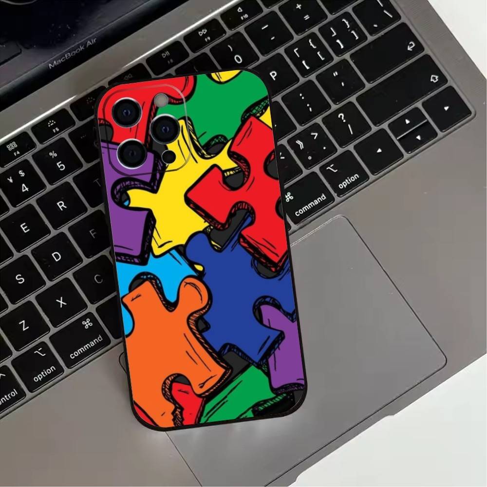 Puzzle Art Support Autism Phone Case For iPhone 17,16,15,14,13,12,11 Plus,Pro Max,XS,Soft Silicone Black Cover