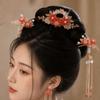 Kwast Bruidshoofddeksel Bloem Oorbellen Haarpin Set Mode Bruiloft Haarspelden Hanfu