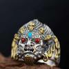 Hand Carved Adjustable Open Ring With Mahakala Totem Design Men Women Vintage Ethnic Style Plated Jewelry