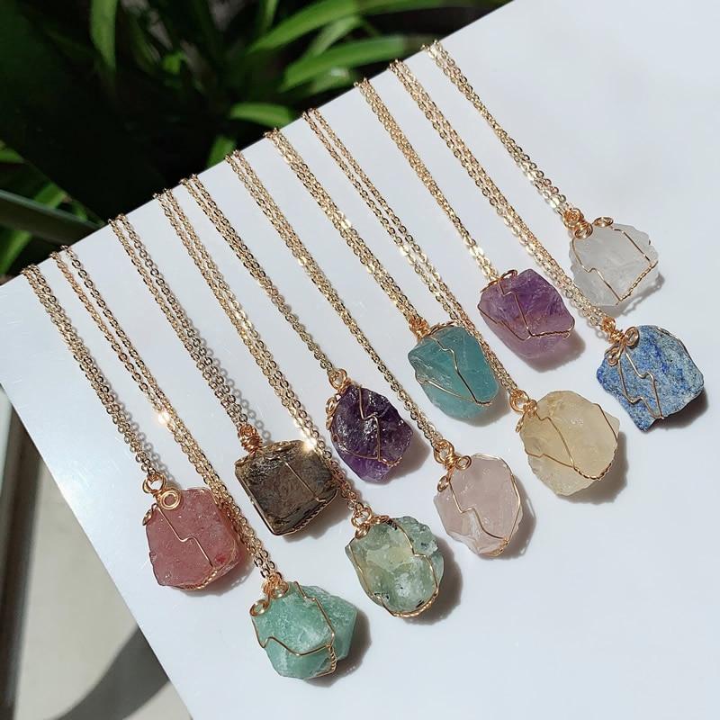 Natural Stone Pendant Necklace Small Rock Quartz Pendulum Amethysts Citrines Fluorite Pink Crystal Necklace For Women Healing
