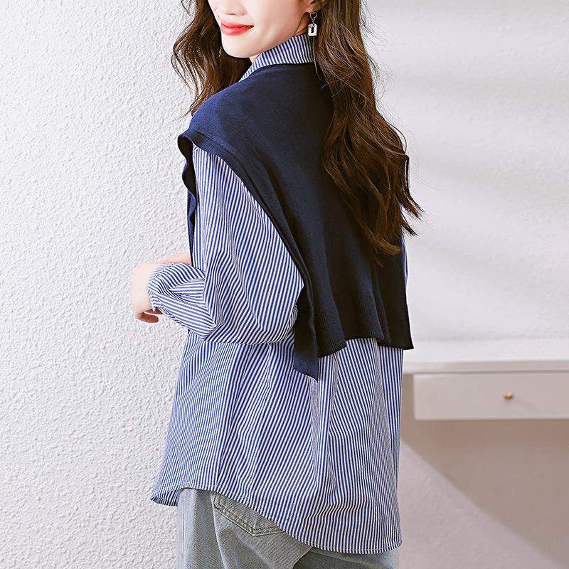 Gestrickter Schal Blau Gestreiftes Hemd Damen Langärmeliges Frühlingskleid Design Oberteil Hemd