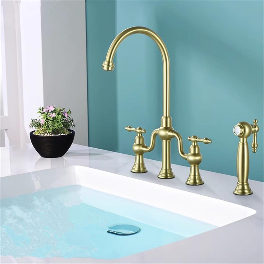 Tuqiu Brushed Gold Kitchen Faucet with Hand shower Head Black Pot Filler Tap Deck Mounted Hot Cold Black Sink Tap Spout Brass