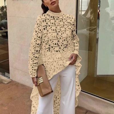 Women Long Top Cutout Irregular Crochet Lace Floral Patchwork See-through Short Front And Long Back Blouse Half-High Collar Long Sleeve Dress