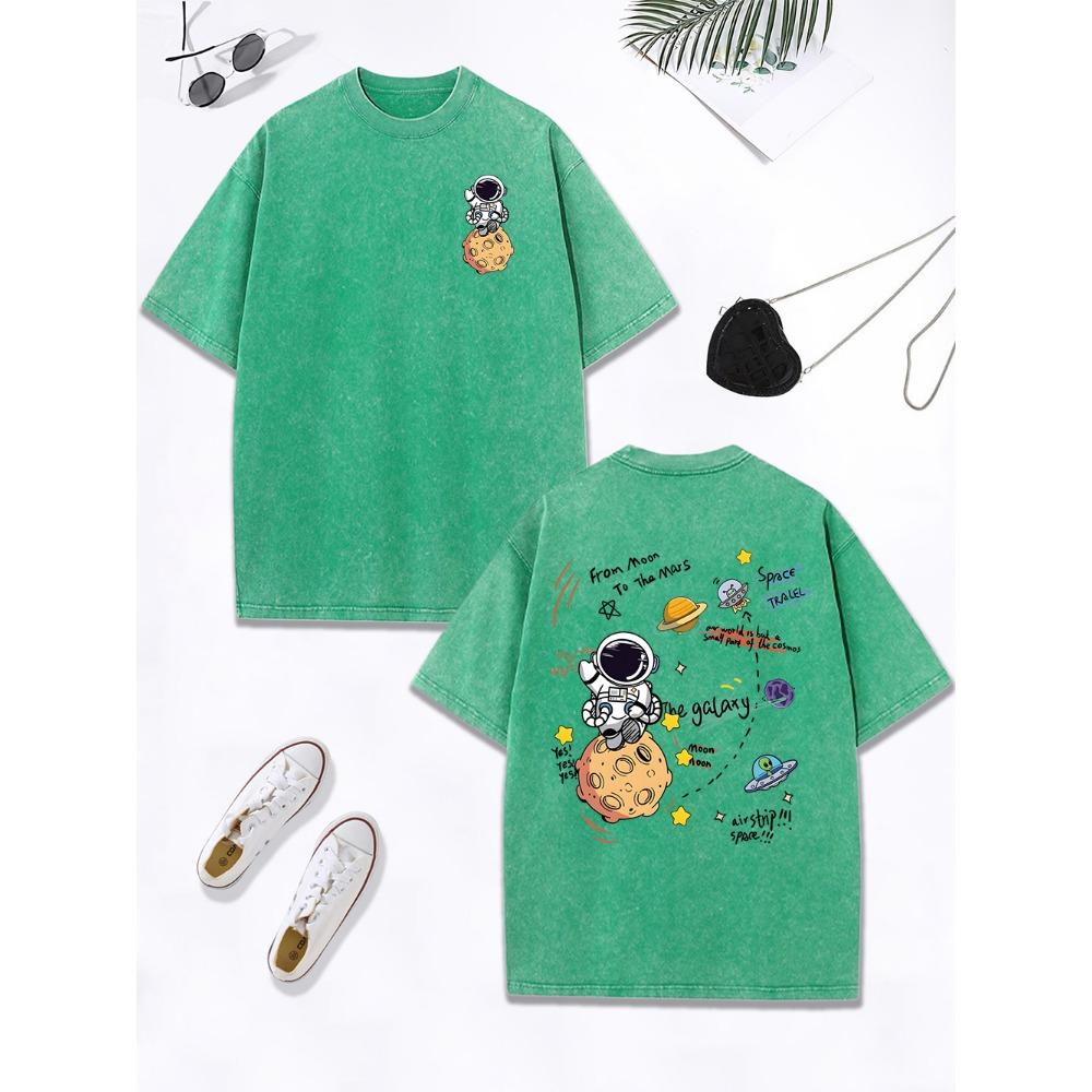 Cartoon Astronaut Space Adventure Prints Washed T-Shirt Womens Cotton Oversized Tops Distressed O-Neck T Shirt  Clothes